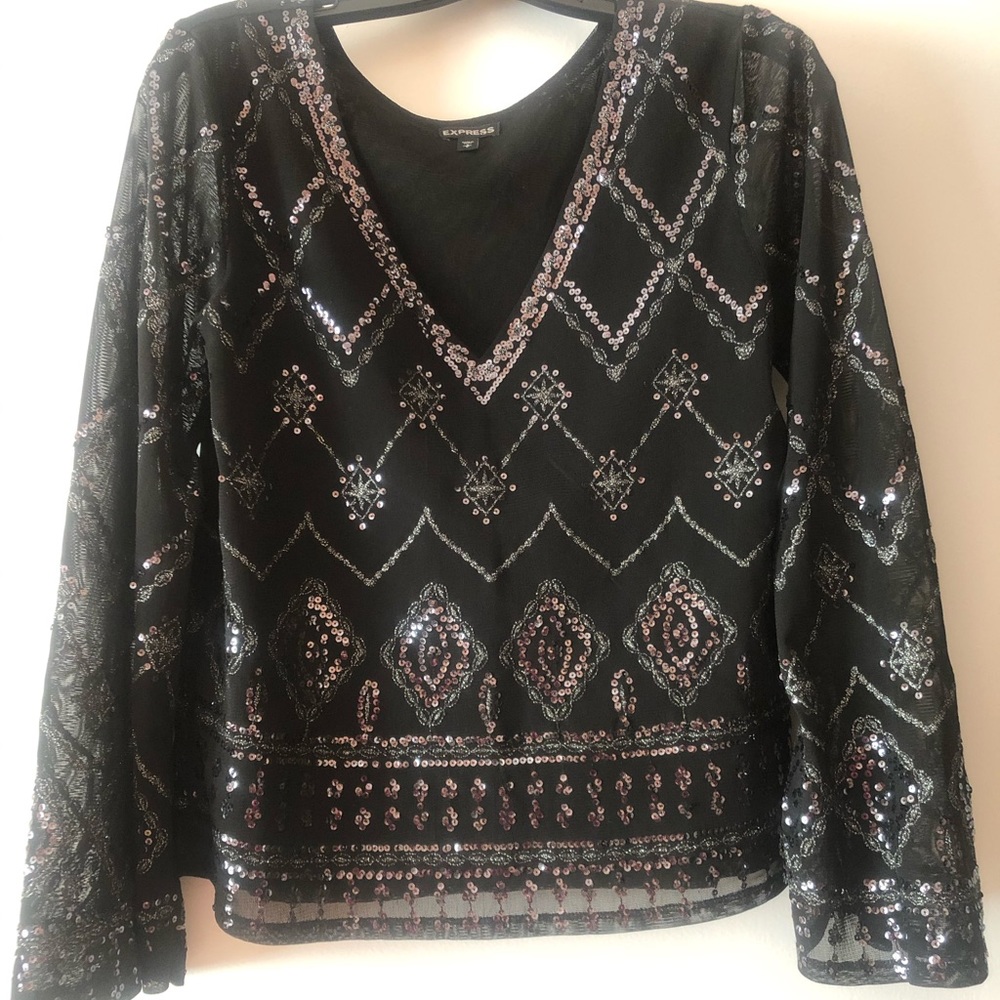 Women’s Express Black Sequins Long Sleeve Shirt